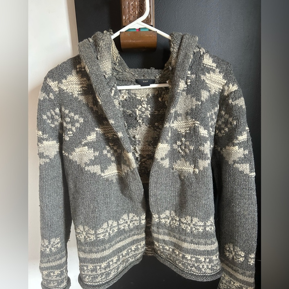 GAP Gray and Cream Hooded Knit Cardigan Sweater